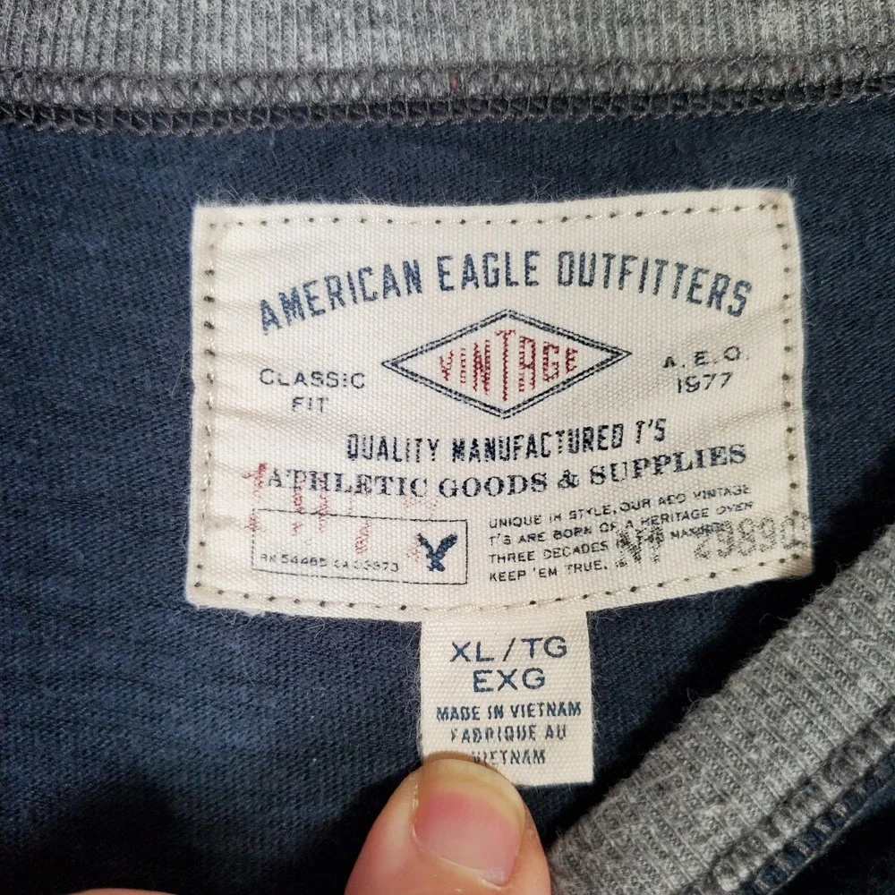 American Eagle Y2K Shirt Mens XL Blue Gray Embroidered Logo Vtg Raglan Grunge - Picture 6 of 8
